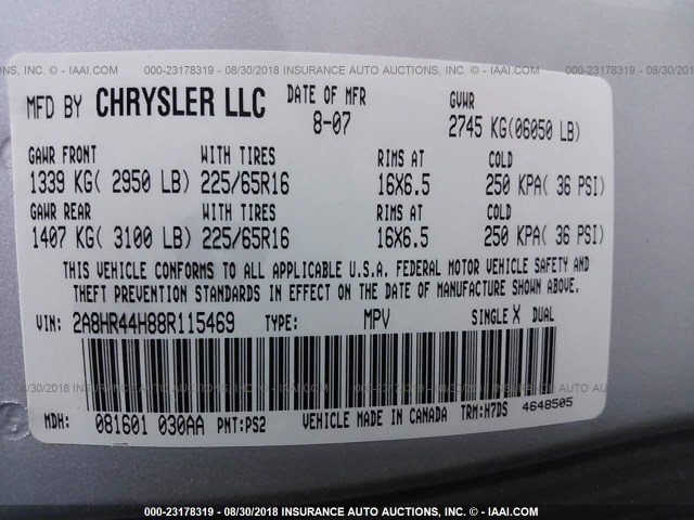 2A8HR44H88R115469 - 2008 CHRYSLER TOWN & COUNTRY LX SILVER photo 9