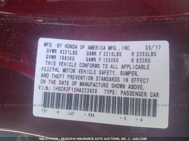 1HGCR2F10HA223628 - 2017 HONDA ACCORD SPORT SPECIAL EDITION RED photo 9