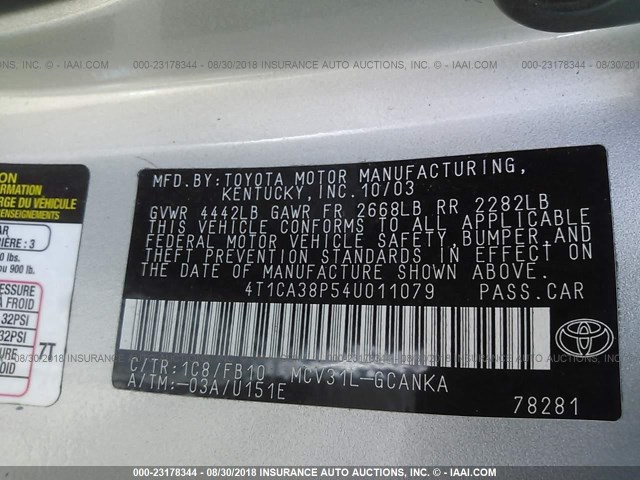 4T1CA38P54U011079 - 2004 TOYOTA CAMRY SOLARA SE/SLE ვერცხლისფერი ფოტო 9