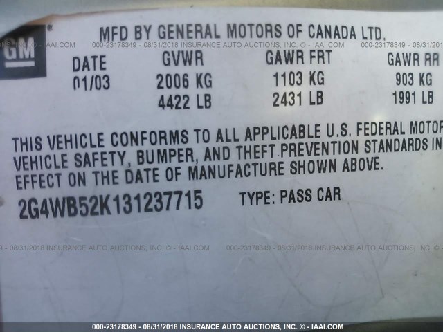 2G4WB52K131237715 - 2003 BUICK REGAL LS GOLD photo 9