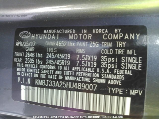 KM8J33A25HU489007 - 2017 HYUNDAI TUCSON LIMITED/SPORT AND ECO/SE GRAY photo 9