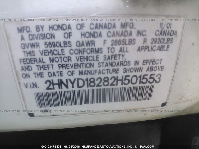 2HNYD18282H501553 - 2002 ACURA MDX WHITE photo 9