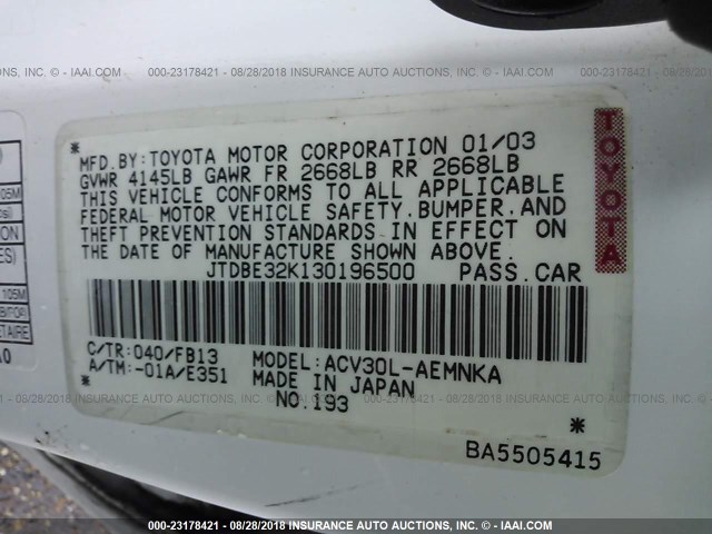 JTDBE32K130196500 - 2003 TOYOTA CAMRY LE/XLE WHITE photo 9