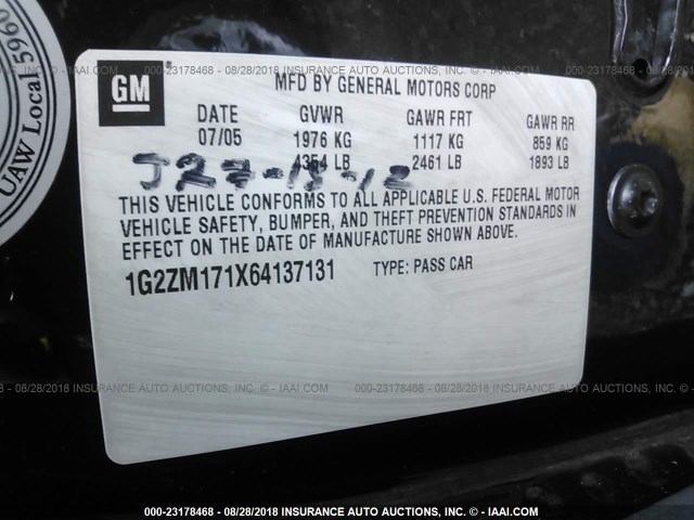 1G2ZM171X64137131 - 2006 PONTIAC G6 GTP BLACK photo 9