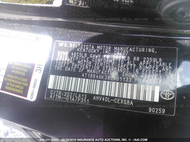 4T1BB46K38U031133 - 2008 TOYOTA CAMRY HYBRID BLACK photo 9