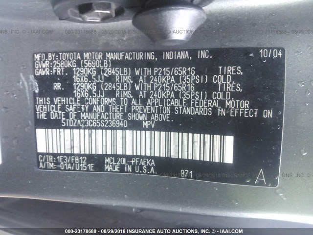 5TDZA23C65S236940 - 2005 TOYOTA SIENNA CE/LE GRAY photo 9