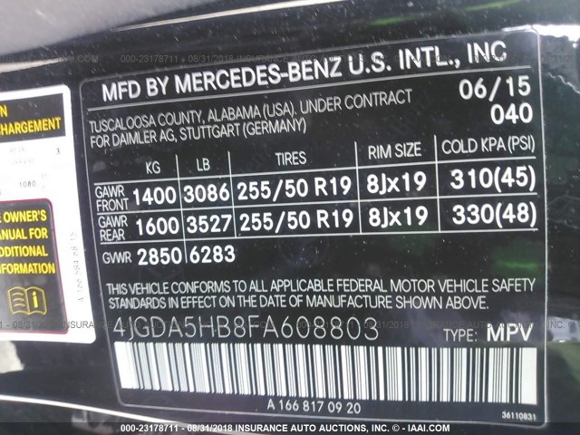 4JGDA5HB8FA608803 - 2015 MERCEDES-BENZ ML 350 4MATIC BLACK photo 9