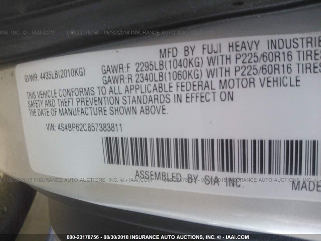 4S4BP62C857383811 - 2005 SUBARU LEGACY OUTBACK 2.5I LIMITED SILVER photo 9