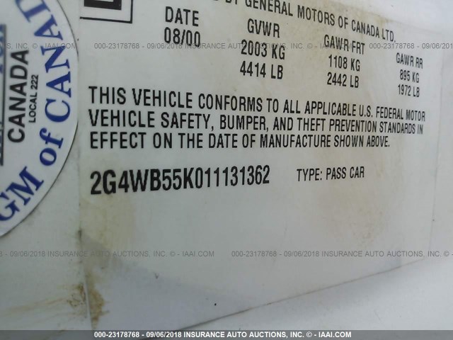 2G4WB55K011131362 - 2001 BUICK REGAL LS WHITE photo 9