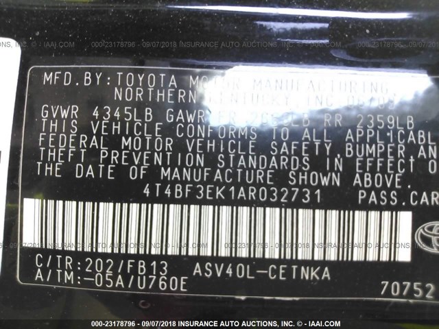 4T4BF3EK1AR032731 - 2010 TOYOTA CAMRY SE/LE/XLE შავი ფოტო 9