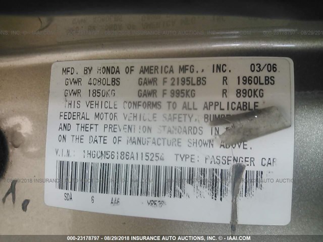 1HGCM56186A115254 - 2006 HONDA ACCORD VALUE TAN photo 9