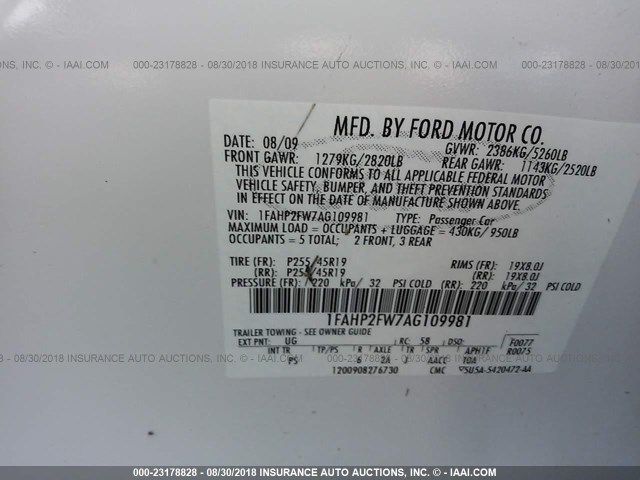 1FAHP2FW7AG109981 - 2010 FORD TAURUS LIMITED WHITE photo 9