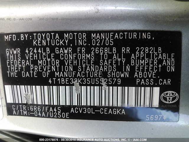 4T1BE32K35U552579 - 2005 TOYOTA CAMRY LE/XLE/SE SILVER photo 9