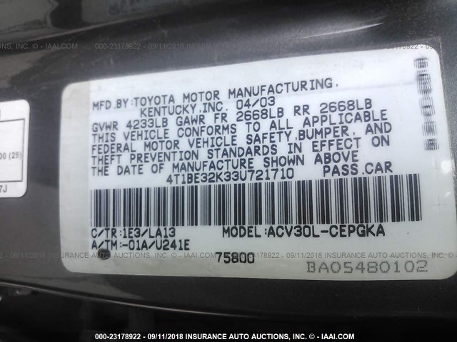 4T1BE32K33U721710 - 2003 TOYOTA CAMRY LE/XLE/SE 灰色 照片 9