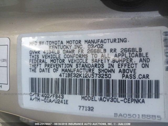 4T1BE32K12U573250 - 2002 TOYOTA CAMRY LE/XLE/SE 棕色 照片 9