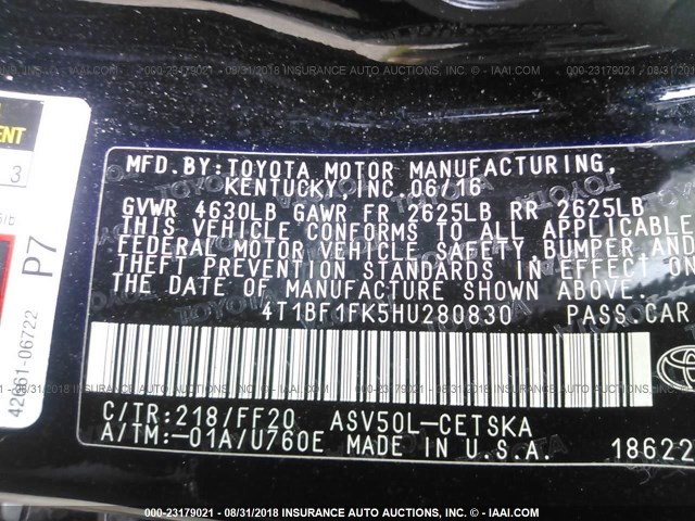 4T1BF1FK5HU280830 - 2017 TOYOTA CAMRY LE/XLE/SE/XSE 黑色 照片 9
