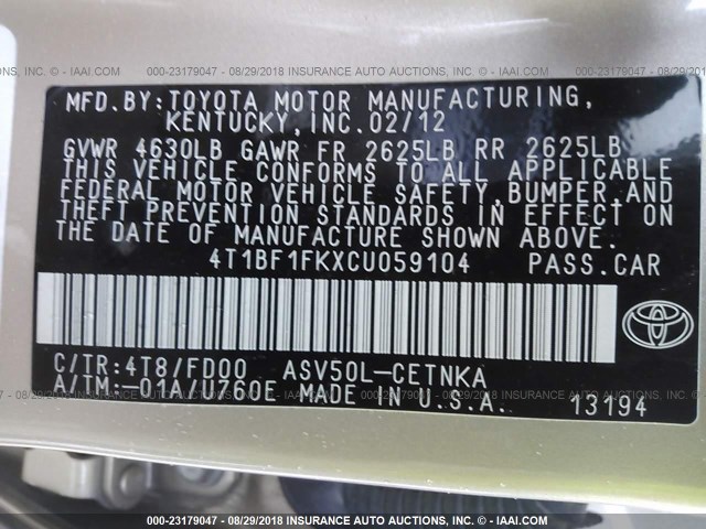 4T1BF1FKXCU059104 - 2012 TOYOTA CAMRY SE/LE/XLE ოქროსფერი ფოტო 9