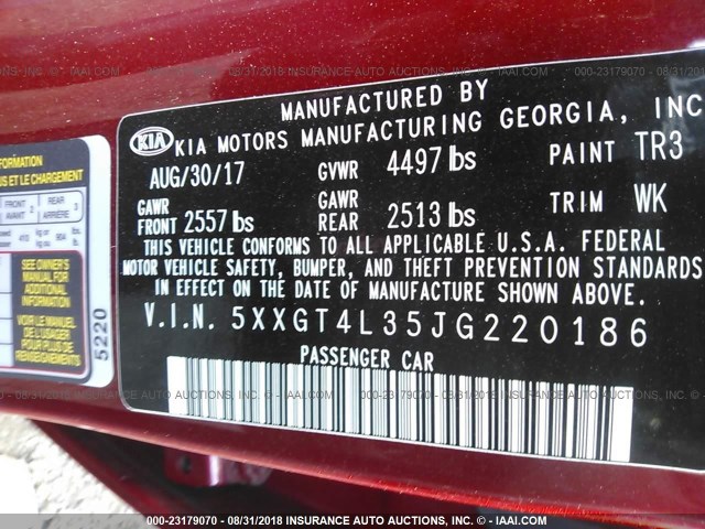 5XXGT4L35JG220186 - 2018 KIA OPTIMA LX/S RED photo 9