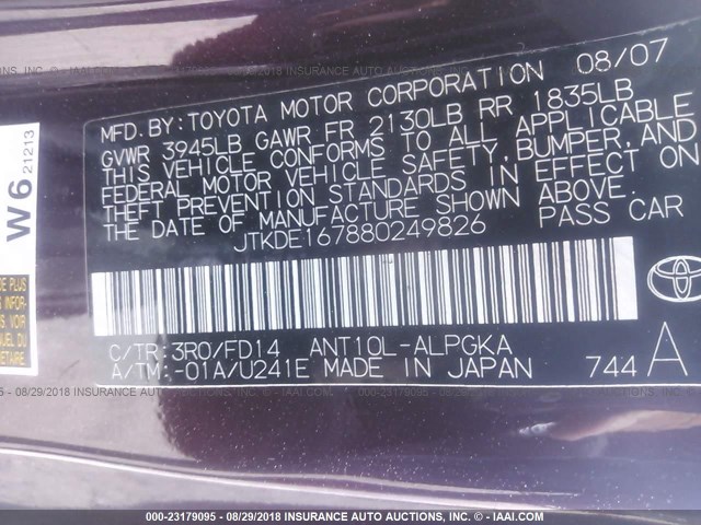 JTKDE167880249826 - 2008 TOYOTA SCION TC PURPLE photo 9