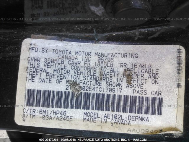 2T1BB02E4TC170917 - 1996 TOYOTA COROLLA DX GREEN photo 9