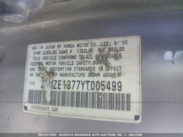 JHMZE1377YT005499 - 2000 HONDA INSIGHT SILVER photo 9