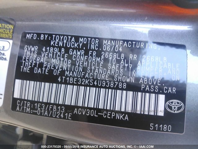4T1BE32K54U938788 - 2004 TOYOTA CAMRY LE/XLE/SE Boz foto 9