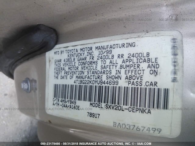 4T1BG22K2XU420744 - 1999 TOYOTA CAMRY CE/LE/XLE 棕色 照片 9