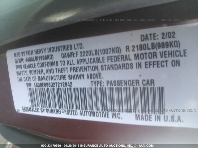 4S3BE686327212942 - 2002 SUBARU LEGACY OUTBACK LIMITED RED photo 9