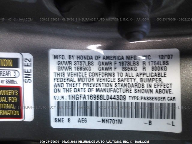 1HGFA16988L044309 - 2008 HONDA CIVIC EXL 灰色 照片 9