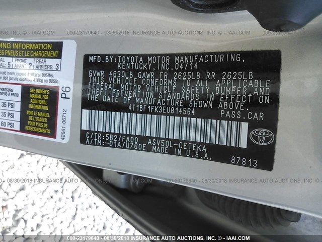 4T1BF1FK3EU814564 - 2014 TOYOTA CAMRY L/SE/LE/XLE Bej foto 9