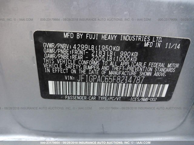 JF1GPAC65F8214787 - 2015 SUBARU IMPREZA PREMIUM SILVER photo 9