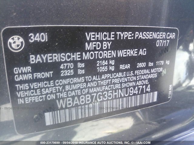 WBA8B7G35HNU94714 - 2017 BMW 340 XI GRAY photo 9