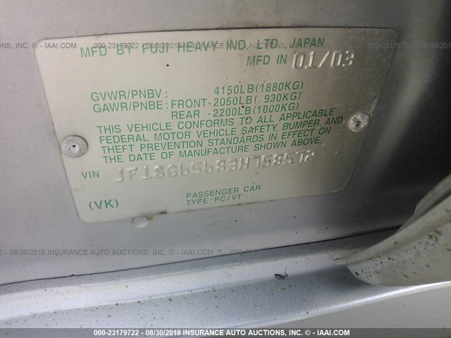 JF1SG65683H758572 - 2003 SUBARU FORESTER 2.5XS ვერცხლისფერი ფოტო 9