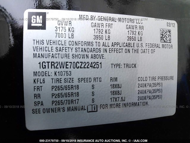 1GTR2WE70CZ224251 - 2012 GMC SIERRA K1500 SLT BLACK photo 9