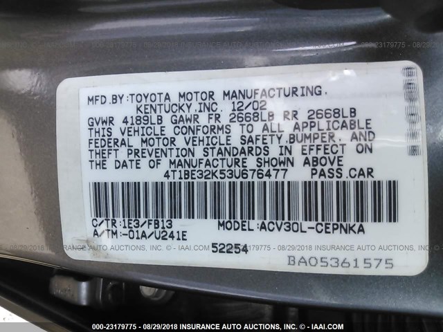 4T1BE32K53U676477 - 2003 TOYOTA CAMRY LE/XLE/SE Boz foto 9