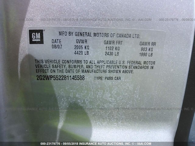 2G2WP552281145588 - 2008 PONTIAC GRAND PRIX Сріблястий фото 9