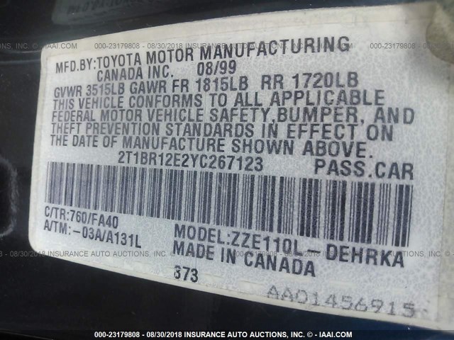 2T1BR12E2YC267123 - 2000 TOYOTA COROLLA VE/CE/LE TEAL photo 9