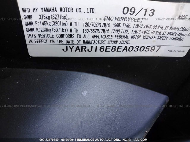 JYARJ16E8EA030597 - 2014 YAMAHA YZFR6 GRAY photo 10