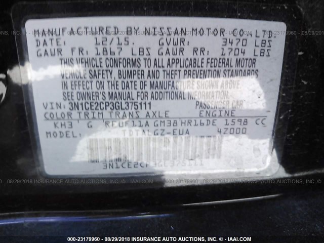 3N1CE2CP3GL375111 - 2016 NISSAN VERSA NOTE S/S PLUS/SV/SL/SR BLACK photo 9
