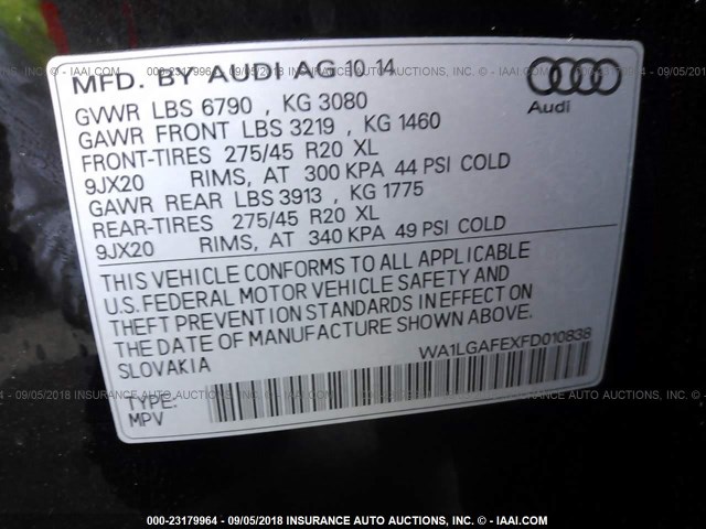 WA1LGAFEXFD010838 - 2015 AUDI Q7 PREMIUM PLUS BLACK photo 9