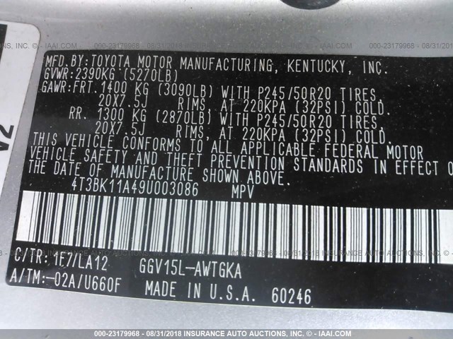 4T3BK11A49U003086 - 2009 TOYOTA VENZA SILVER photo 9