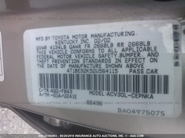 4T1BE32K52U564115 - 2002 TOYOTA CAMRY LE/XLE/SE 棕色 照片 9