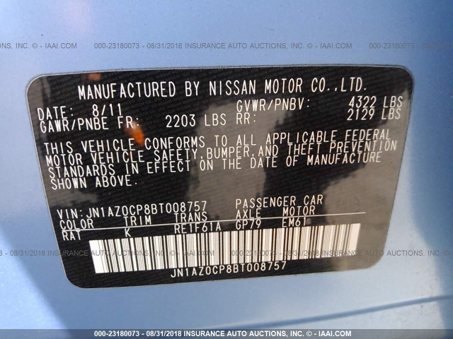 JN1AZ0CP8BT008757 - 2011 NISSAN LEAF SV/SL BLUE photo 9