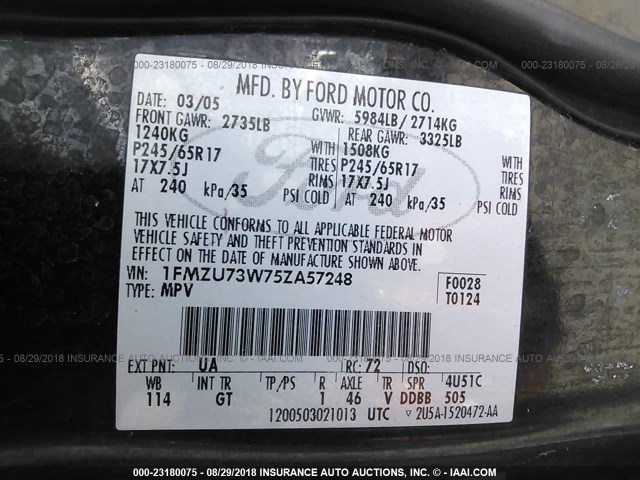 1FMZU73W75ZA57248 - 2005 FORD EXPLORER XLT/XLT SPORT/NBX 黑色 照片 9