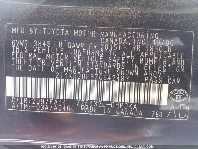 2T1KR30E57C642483 - 2007 TOYOTA COROLLA MATRIX XR BLACK photo 9