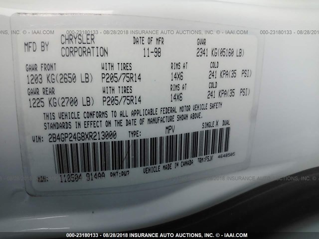 2B4GP24G8XR213000 - 1999 DODGE GRAND CARAVAN  WHITE photo 9