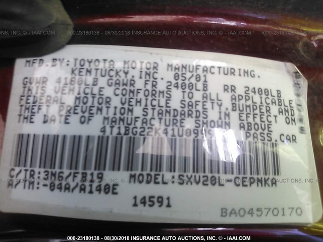 4T1BG22K41U099958 - 2001 TOYOTA CAMRY CE/LE/XLE ყავისფერი ფოტო 9