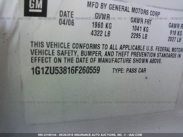 1G1ZU53816F260559 - 2006 CHEVROLET MALIBU LTZ 白色 照片 9