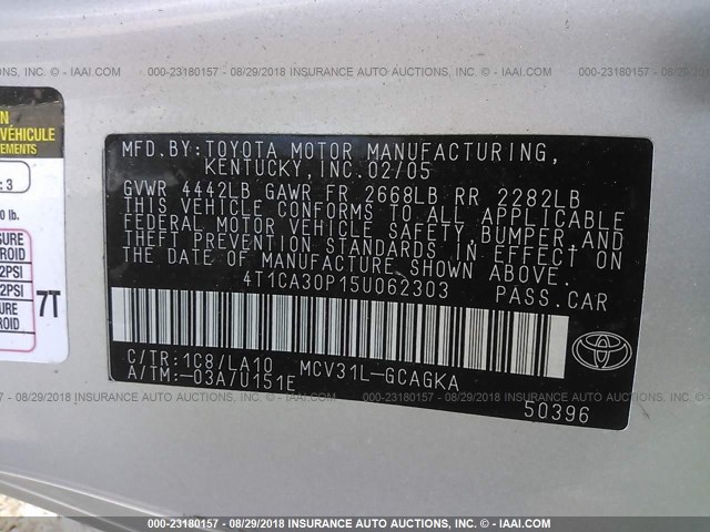 4T1CA30P15U062303 - 2005 TOYOTA CAMRY SOLARA SE/SLE Gümüş foto 9