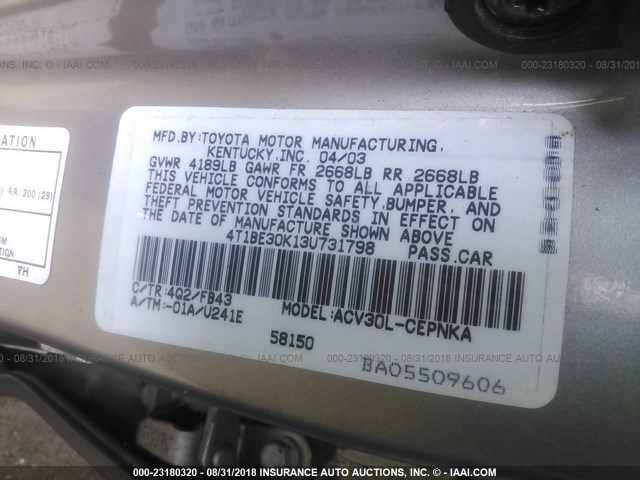 4T1BE30K13U731798 - 2003 TOYOTA CAMRY LE/XLE/SE Қара фото 9